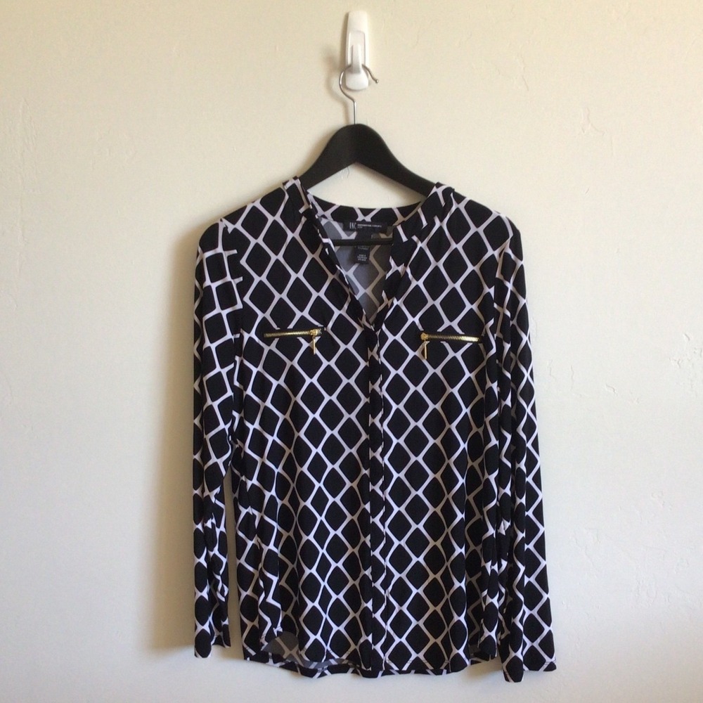 INC International Concepts Black White Geometric Diamond Blouse Petite Large - Picture 2 of 5